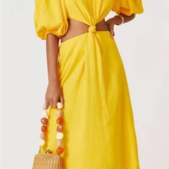 Farm Rio Yellow knotted puff sleeve dress Large - Picture 3 of 11